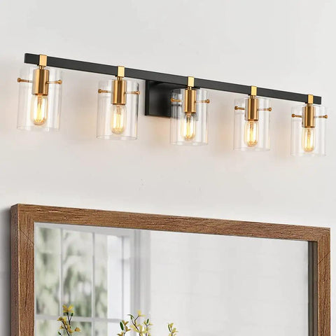 5-Light Industrial Style Bathroom Vanity Light Not Dimmable Fixture With Matte Black Finish Brushed Gold Copper Accent Sockets