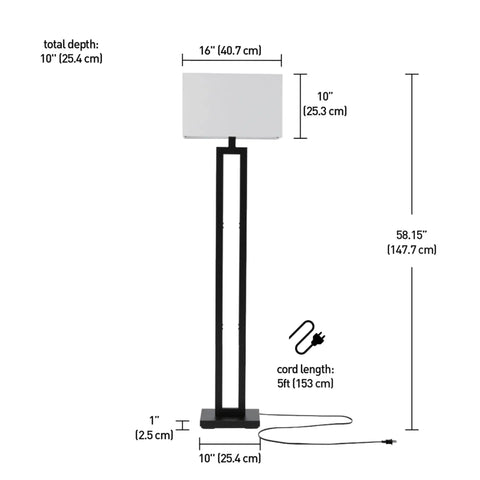 Image of 58 Inch Floor Lamp in Matte Black Finish with White Linen Rectangular Shade, Modern Geometric Cutout Design, E26 Base.