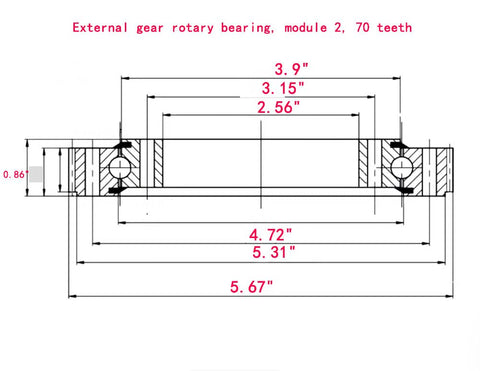 Diagram of Heavy Duty Gear Slewing Bearing Set External Gear Rotary Bearing Module 2 70 Teeth 5.67 Inch OD with measurements