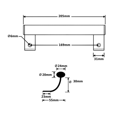 Technical drawing of 205mm Aluminum Alloy Sliding Door Handle showing dimensions with rustproof long pull handle design.