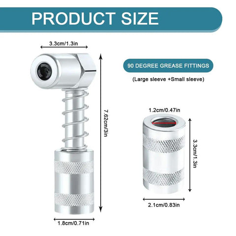 90 Degree Grease Coupler Adapter for Grease Guns 3 Jaw Fitting Tool with Sleeve Locking Angled Coupler for Tight Spaces sizing details
