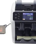 Bang For Buck Money Counter Machine With Advanced Counterfeit Detection Smooth Two Pocket Bill Bundler handles mixed USD EUR currency stacks.