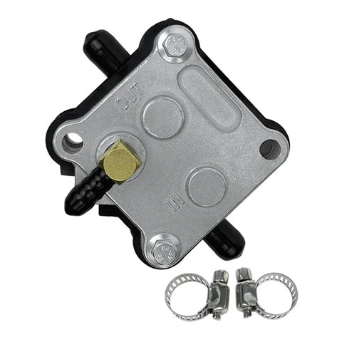 Fuel Pump 98766C1 Replacement For Outboard 2 Stroke 30 To 300 HP With clamps, shown in silver and black components