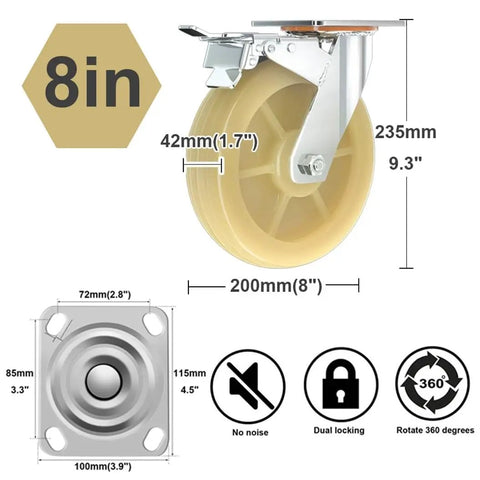 Four Pack Heavy Duty Eight Inch Swivel Castor Wheels With Dual Locking Brakes And Badass Reinforcements. 8in nylon wheel and steel frame.