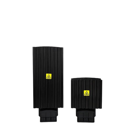 Kickin Out Serious Warmth With These Heavy Duty 65 Watt Din Rail Cabinet Heaters Rock Solid Pack Of Ten For Industrial Panels. Two black heaters with warning labels.