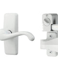 White upgraded door lever with deadbolt lock for storm and screen doors, 2-piece set, slick handle replacement for preinstalled surface mount.