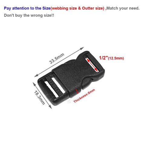 Half Inch Side Release Buckles 10 Pack Black Plastic Quick Release Buckles For Backpack Straps And DIY Pet Collars, dimensions labeled.