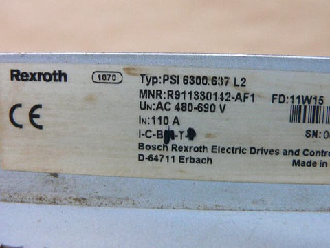 Label on Psi6000/6300 industrial inverter drive model 6300.637 L2 R911330142-AF1, showing specifications and brand mark