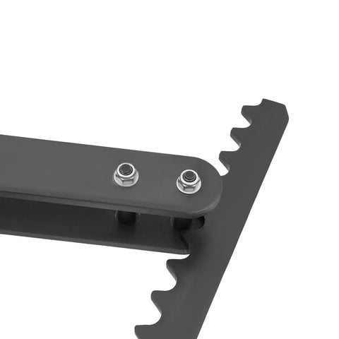 Close-up of the lever mechanism on a Heavy Duty Manual Pipe Bender With Precision Angle Gauge And Long Lever Handle For Smooth One Hundred Twenty Degree Bends No Sweat Tube Bending Tool For Pro Mechanics And Shop Crew.