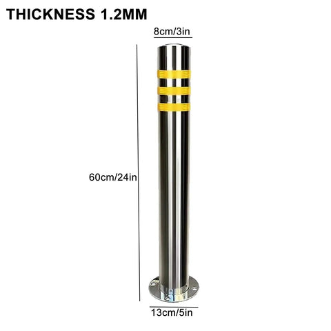 Tough As Nails Traffic Safety Bollard Post Three Inch Diameter By Twenty Four Inch Height Stainless Steel Parking Lot Barrier with reflective tape.
