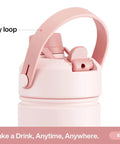 Close-up of 26 Oz Stainless Steel Insulated Water Bottle With 2 In 1 Straw And Spout Lid, cotton candy color, showing carry loop.