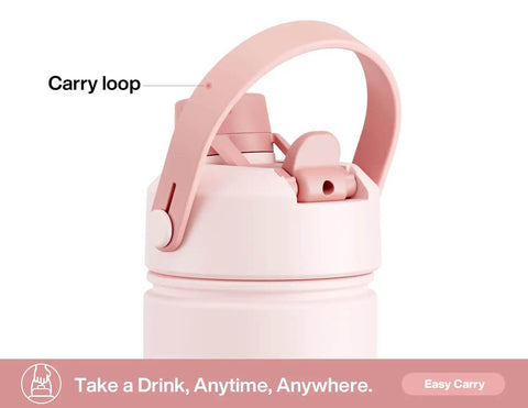 Close-up of 26 Oz Stainless Steel Insulated Water Bottle With 2 In 1 Straw And Spout Lid, cotton candy color, showing carry loop.