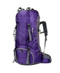 60L Waterproof Outdoor Backpack For Hiking And Camping, rugged mountaineering pack with ergonomic straps visible in purple color