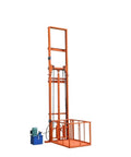 Workhorse Grade Mobile Lift Platform For Smooth Industrial Vertical Material Handling Single Operator Cargo Elevator System Built Like A Tank With Thickened Steel For Hassle Free Warehouse Loading - full view of orange hydraulic lift with blue motor.