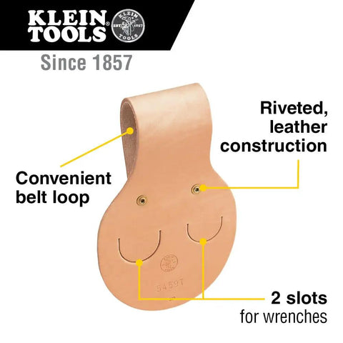 Leather Riveted Spud Wrench Holder With Tunnel Connection for dual spud wrenches, showing belt loop and 2 slots, USA made.