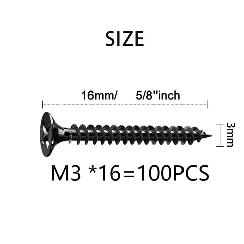 Beefy Flat Head Self Tapping Wood Screws Four By Five Eighth Inch M3x16mm carbon steel screw with dimensions 16mm and 5/8 inch.