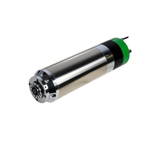 Professional Electric Spindle Motor Pairing Pneumatic Chuck Mount With CNC Router Systems Featuring Beefy Steel Casing 7500 Watt Horsepower And A Badass 24000 Rpm Spindle Rotation For Smooth Metal Cutting Jobs, showcasing shiny steel design.