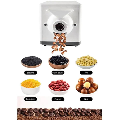 Top Shelf Automatic Electric Coffee Bean Roaster Machine With Hella Fast Rolling Stir Fry For Home Nuts And Peanuts Featuring Solid 90 Min Timer And Precise 100 To 250 Degree Heat Control For 1.5 Kilogram Capacity, with various beans and nuts displayed.