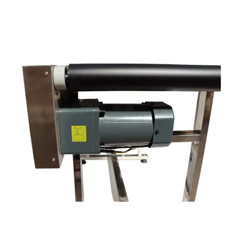 Side view of the motor and guard rail of the 110V PVC Belt Conveyor With Double Guard Rails, 82.6 Inch Long, 15.7 Inch Wide Flat Belt System.