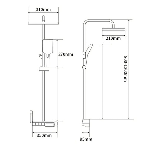 Dimensions of RIBEUJIZS Thermostatic Shower System with digital display, showcasing shower head and mixer set measurements.
