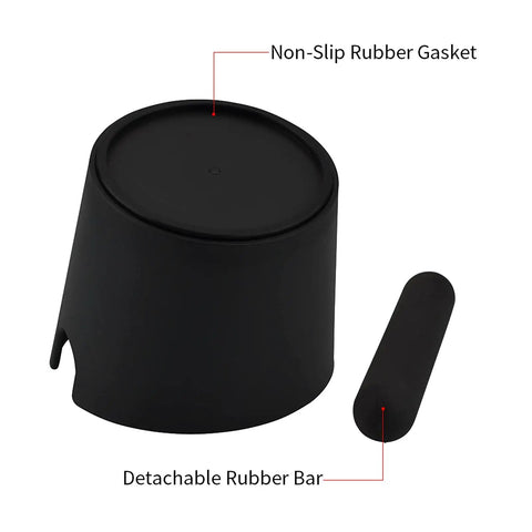 Coffee Knock Box Pro Round With Shock Absorbent Base And Removable Bar Non Slip shown with non-slip gasket and detachable bar.