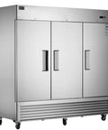Rock Solid 82 Inch Wide Commercial Reach In Freezer With Three Doors And 72 Cubic Feet Capacity Stainless Steel pro kitchen workhorse.