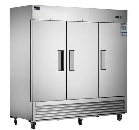 Rock Solid 82 Inch Wide Commercial Reach In Freezer With Three Doors And 72 Cubic Feet Capacity Stainless Steel pro kitchen workhorse.