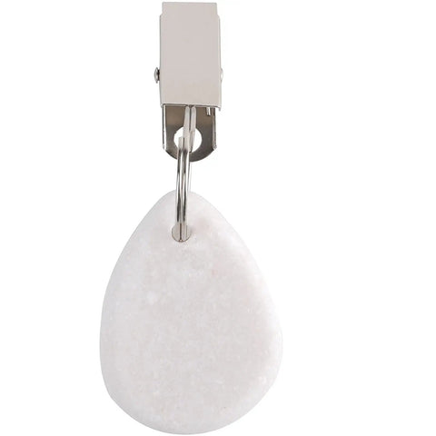 12 Piece Teardrop Marble Tablecloth Weights With Metal Clips White For Indoor Outdoor Use showing single weight with clip