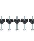 5 Pack M8 T Track Bolt Kit With Knob And Washers for Woodworking Jigs, 100mm bolts, shown in a row, T slot bolts for 3/4 x 3/8 inch tracks