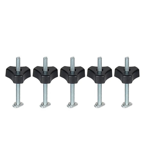 5 Pack M8 T Track Bolt Kit With Knob And Washers for Woodworking Jigs, 100mm bolts, shown in a row, T slot bolts for 3/4 x 3/8 inch tracks