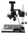 4K HDMI Video Microscope Kit With Auto Motorized 360 Degree Rotation And 2D 3D Stereo Lens 0.6x To 5x Zoom 200x Magnification Pro Grade Measurement Camera For Precision Inspection And Lab Work on stand