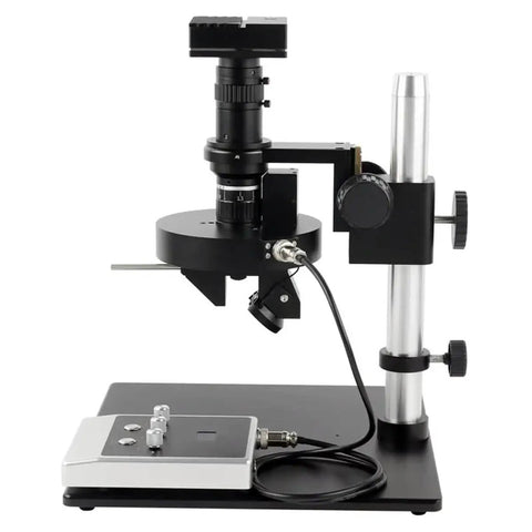 4K HDMI Video Microscope Kit With Auto Motorized 360 Degree Rotation And 2D 3D Stereo Lens 0.6x To 5x Zoom 200x Magnification Pro Grade Measurement Camera For Precision Inspection And Lab Work on stand