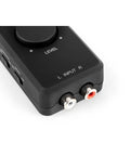 iRig Stream Stereo Audio Interface For iPhone iPad Mac And PC with RCA inputs and level control dial, close-up view