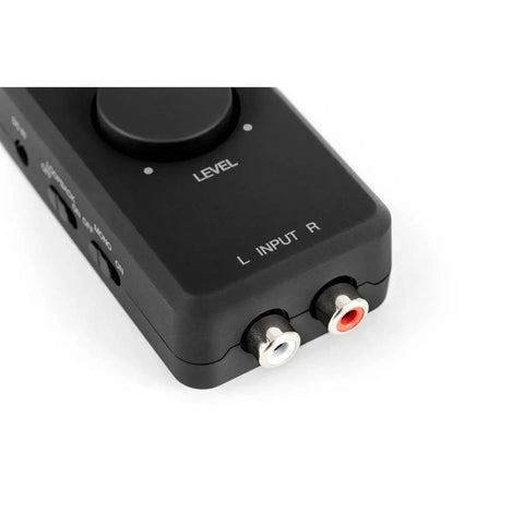 iRig Stream Stereo Audio Interface For iPhone iPad Mac And PC with RCA inputs and level control dial, close-up view