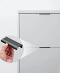 Illustration of a 10 Pack Black Aluminum Edge Pull Handles Hidden Concealed Tab Pulls for Doors Drawers Cabinets installed on furniture