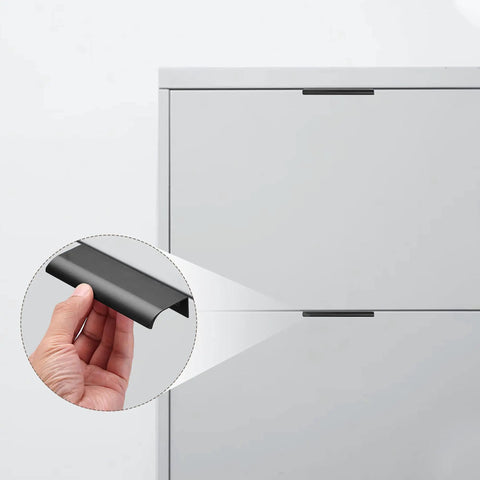 Illustration of a 10 Pack Black Aluminum Edge Pull Handles Hidden Concealed Tab Pulls for Doors Drawers Cabinets installed on furniture