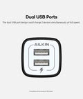 Front view of Dual USB Wall Charger Fast Charge Block Two Port Power Cube 2.1A Total For iPhone iPad Samsung Galaxy Pixel