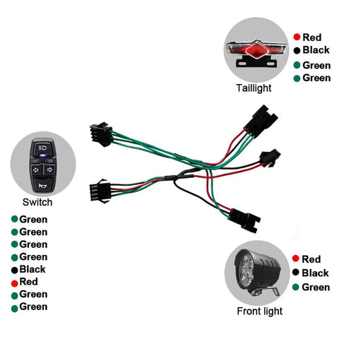 3 In 1 E Bike Light Kit With Headlight Tail Light Horn And Turn Signals DK336 Switch QD168 wiring diagram with components.