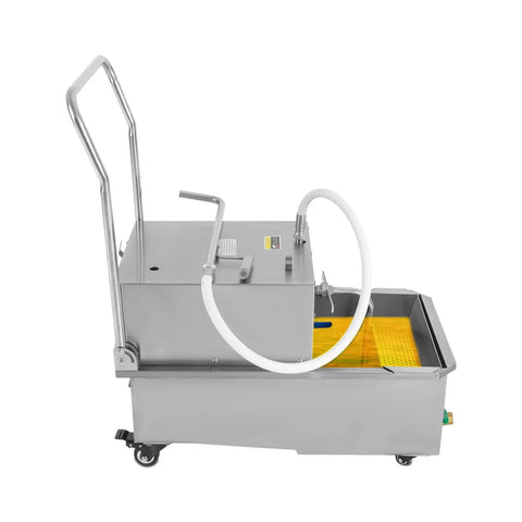 Built Tough Pro Grade 55L Deep Fryer Oil Filter Machine With Rugged Stainless Pump, side view showcasing cart design and drain hose.