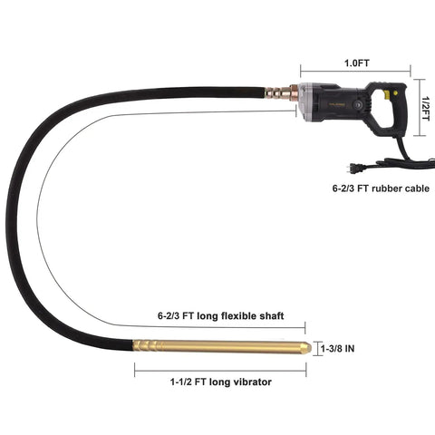Beast Mode Heavy Duty 1500W Concrete Vibrator With 6.6Ft Shaft Portable Pencil Cement Vibrator Delivers 14400 VPM shown with dimensions