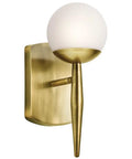 11.5 Inch 1 Light Halogen Wall Sconce with Satin Etched Cased Opal Glass and Natural Brass Finish, Mid Century Vibe Bathroom Lighting