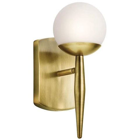 11.5 Inch 1 Light Halogen Wall Sconce with Satin Etched Cased Opal Glass and Natural Brass Finish, Mid Century Vibe Bathroom Lighting