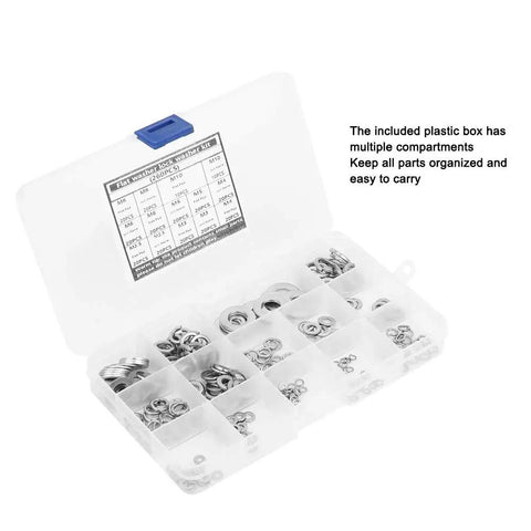 Go To Pro Grade 260 Piece Stainless Steel Spring Lock Washers Kit With Anti Rust Gaskets And Retaining Rings Assortment In An Organized Box.