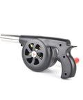 Portable Manual Hand Crank Air Blower Fire Up Campfires Fast Heavy Duty Metal Stoker Bellows Pump side view with ergonomic grip.