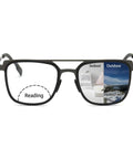 Bifocal Photochromic Reading Glasses For Women With Anti Blue Light UV Protection, Outdoor Ready Readers, flexible frame, indoor outdoor view.