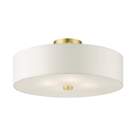 Meridian Collection 4-Light Semi-Flush Mount Ceiling Light With Off-White Fabric Shade In Satin Brass Finish, side view