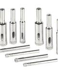 10-piece diamond hollow-core drill bit set for tile, ceramic, glass, marble, stone, brick (5–12 mm).