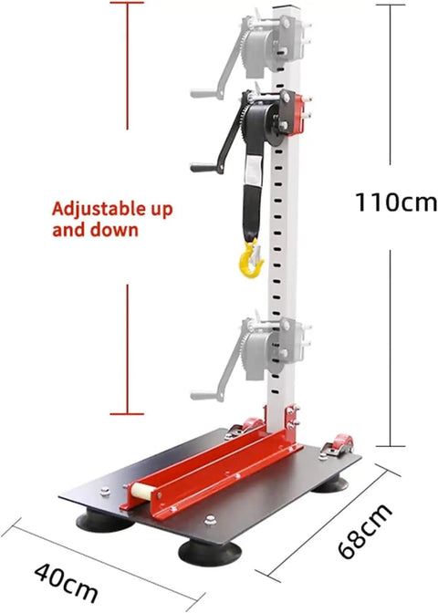Pneumatic Powered Sheet Metal Dent Pulling Tower Kit for Auto Body Shaping and Alignment, showing adjustable height feature.
