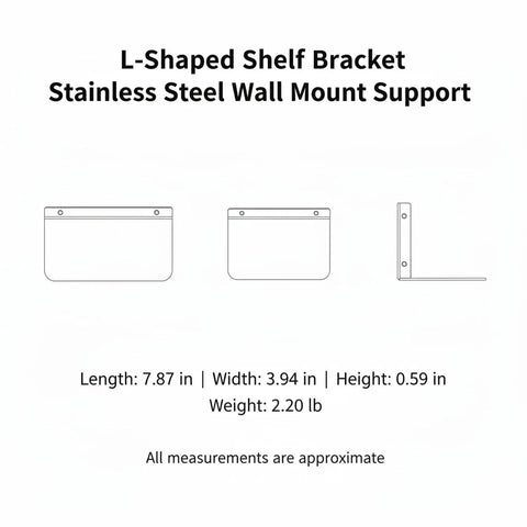 Diagram of Sturdy Stainless Steel L Shaped Shelf Bracket Wall Mount dimensions for kitchen and bathroom use