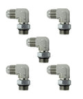 Five-pack of 1/4 JIC SAE ORB hydraulic elbow adapters made from carbon steel for fluid power systems at 7500 PSI maximum pressure.